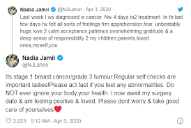 If you do not even have the minimum amount of time to start with, how on earth a good parent should be caring and loving. Pakistani Actress Nadia Jamil Suffers From Breast Cancer Showbiz Pakistan