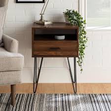 Nightstands may be sold separately, or they can be built into another furnishing for double the fun. Welwick Designs Modern Dark Walnut 1 Drawer Hairpin Leg Side Table Hd8132 The Home Depot