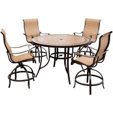 The furniture you choose for this space contributes to the mood and memories of your family dinners and special occasions. Hanover Monaco 5 Piece Aluminum Outdoor High Dining Set With Round Tile Top Table And Contoured Sling Swivel Chairs Mondn5pcbr The Home Depot