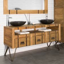 Meuble Double Vasque En Mindi Et Acier 160 Loft Naturel Meuble Salle De Bain Meuble Sous Lavabo Meuble Bois