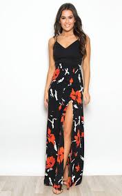 Black And Orange Dress Farah Floral Cami Split Maxi Dress Black Orange By Girl In Mind In 2020 Women S Fashion Dresses