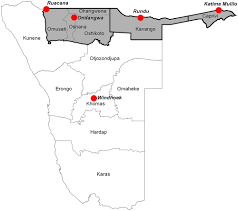 Namibia on a world wall map: The Boundaries Of The 13 First Level Administrative Units Regions Of Namibia And Locations Of The Capital City Windhoek The Main Towns Of The North Rundu Katima Mulilo Ruacana And Ondangwa
