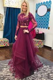 Two Piece Bateau Long Sleeves Grape Beaded Prom Dress With Lace Unique 2 Piece Evening Gowns With Sle Prom Dresses With Sleeves Prom Dresses Prom Dresses Lace
