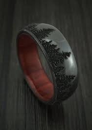 Black Zirconium Ring With Tree Design And Hardwood Sleeve Custom Made Band Black Zirconium Ring Unique Mens Rings Mens Wedding Rings
