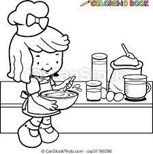 Black and white drawing with the cook clipart. Girl Cooking Vector Black And White Coloring Page A Little Girl Cooking In The Kitchen Vector Black And White Coloring Canstock