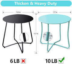 Wood is a very common material (mahogany, pine, oak, timber), though metal or wrought iron, glass, or combinations are also available. Amagabeli Metal Patio Side Table 18 X 18 Heavy Duty Weather Resistant Anti Rust Outdoor End Table Small Steel Round Coffee Table Porch Table Snack Table For Balcony Garden Yard Lawn Mint Green
