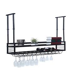 Amazon Com Hanging Wine Rack With Glass Holder And Shelf Adjustable Metal Ceiling Bar Wine Glass Rack In 2020 Hanging Wine Rack Hanging Wine Glass Rack Bar Glass Rack