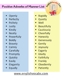 Positive manner beautifully boldly bravely calmly carefully cautiously cheerfully joyously eagerly gladly easily elegantly equally faithfully frankly honestly generously gently justly kindly neatly obediently patiently openly perfectly politely powerfully promptly quickly rapidly quietly well negative manner. Positive Adverbs Of Manner List In English English Vocabs