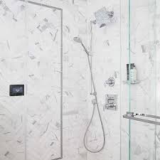 Glossy large scale tiles floor peaceful. Gray Marble Herringbone Shower Tiles Design Ideas