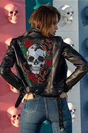 Crystal Skull Roses Biker Jacket Black Leather Jacket In 2021 Leather Jackets Women Womens Black Leather Jacket Leather Jacket Style