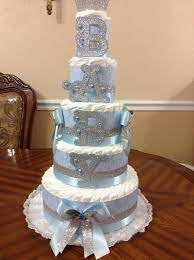 5 Tier Diaper Cake Blue And Silver Customizable Diaper Etsy Diaper Cake Boy Diaper Cake Elegant Baby Shower