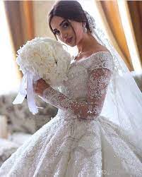Discount Custom Made Luxury Lace Ball Gown Wedding Dresses Saudi Arabia Off The Shoulder Long Sleeve Full Lace Appliqued Sequins Bridal Gowns Affordable Wedding Ball Gowns Wedding Bridal Dresses Vintage Ball