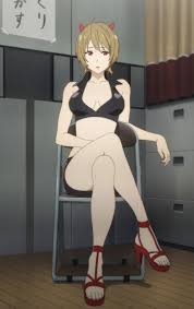 kanbara yayoi, kyoukai no kanata, anime screenshot, highres, stitched,  third-party edit, 1girl, breasts, brown hair, chair, cleavage, cosplay,  crossed legs, demon, demon girl, feet, female focus, folding chair, high  heels, horns, long