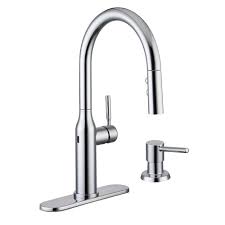 The choice of your kitchen faucet and kitchen sink will greatly influence the style and functional aspect of your kitchen. Glacier Bay Upson Single Handle Touchless Pull Down Sprayer Kitchen Faucet With Soap Dispe The Home Depot Canada
