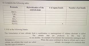 Solved 4 Complete The Following Table Formula Hybridiza Chegg Com