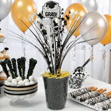 Black And Gold Graduation Decorations Ideas Black Silver Gold Gradutation Sweets Table Idea Classy Grad Treats Graduation Graduation Party Table Gold Graduation Party Graduation Party Centerpieces