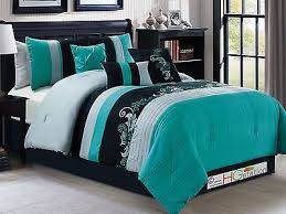 Black And Teal Comforter Set 7 P Gael Scroll Floral Leaf Embroidery Comforter Set Turquoise Black Silver King Black Comforter Sets Black Comforter Comforter Sets