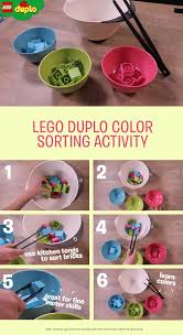 Use Lego Duplo Bricks And Some Basic Kitchen Supplies To Create This Simple Fine Motor Skills Activity For Your Busy T Lego Duplo Lego Color Sorting Activities