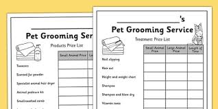 Pet Groomers Role Play Price And Times List Writing Sheet