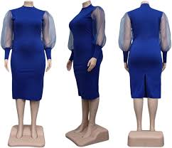 Uni Clau महिलाओं सेक्सी प्लस आकार के कपड़े मेष बुलबुला आस्तीन जिपर वापस फिट  कमर Bodycon पेंसिल गिर मिडी पोशाक, नीला : Amazon.in: कपड़े और एक्सेसरीज़