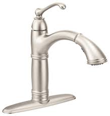 As the #1 faucet brand in north america, moen offers a diverse selection of thoughtfully designed kitchen and bath faucets, showerheads, accessories, bath safety products, garbage disposals and kitchen sinks for residential and commercial applications each delivering the best possible combination of meaningful innovation, useful features, and. Moen Brantford 1 Handle High Arc Pullout Kitchen Faucet Traditional Kitchen Faucets By Bath1 Houzz