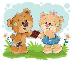 Vector illustration of a brown teddy bear sweet tooth unfurled a chocolate bar and gives it to his girlfriend. Teddy Bear Sweet Tooth Funny Teddy Bear Teddy Bear Bear Art