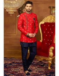 Hot Red And Midnight Blue 3 Piece Jodhpuri Suit Fashion Suits For Men Sherwani Mens Fashion Suits