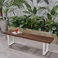 Shop different finishes, such as wood and metal, that complement your favorite look. Joa Patio Dining Bench Acacia Wood With Iron Legs Modern Contemporary Dark Brown And White Walmart Com Walmart Com