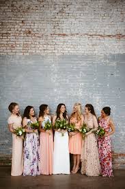 An Industrial Wedding In A Restored Factory Venue Patterned Bridesmaid Dresses Factory Wedding Industrial Wedding