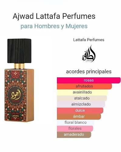 Ajwad de Lattafa Perfumes es una fragancia de la familia olfativa Amaderada  Aromática para Hombres y Mujeres. Ajwad se lanzó en 2021. La Nota de Salida  es notas afrutadas; las Notas de
