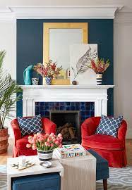8 Paint Colors That Pair Beautifully With Yellow Wood Tones Red Living Room Decor Colourful Living Room Blue Living Room Decor