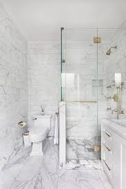 Carrera Marble Bathrooms Shaker Cabinets Two Piece Toilet Hinged Glass Door Alcove Shower White Marble Bathrooms Carrera Marble Bathroom Small Bathroom Remodel