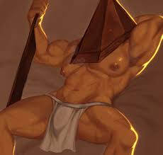 sleepysolaire, pyramid head, silent hill (series), highres, arm behind  back, armpit hair, biceps, bulge, loincloth, male focus, muscular, muscular  male, navel, nipple piercing, nipple rings, object head, pectorals,  piercing, sitting - Image