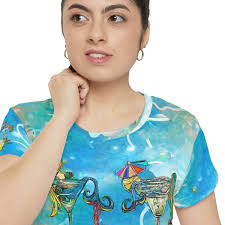 Mermaid T-Shirt BLUES Background “Drunk Mermaids” OLIVE, SALTY, ROSE &  TIPSY made from Jen Callahan’s paintings into a Short Sleeve Shirt