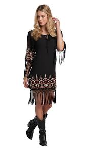 Cowgirl Fringe Dress M Western Aztec Embroidered Black