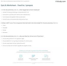 These food worksheets are suitable for kids and beginner english language learners. Quiz Worksheet Food Inc Synopsis Study Com