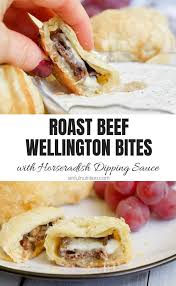 Roast Beef Wellington Bites With Horseradish Dipping Sauce Recipe Beef Wellington Appetizer Recipes Food Recipes