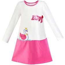 Details About Girls Dress Duck Embroidery Long Sleeve Color Contrast Cotton Size 5 10