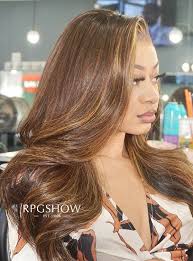 Side Part Wavy Auburn Brown Hair with Blonde Highlights Wig
