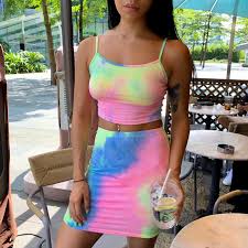 Sexy 2 Piece Women Tie Dye Print Strap Crop Tops And Package Hip Skirts Womens Two Piece Set Size S M L S960930a