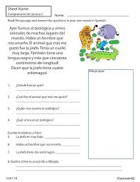 respond to passage zoo spanishworksheet newteachers prin kindergarten worksheets sight words spanish reading comprehension reading comprehension worksheets
