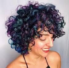 Curly Black Hairstyle With Purple And Teal Highlights Blackhairstyles Curly Hair Styles Curly Bob Hairstyles Ombre Curly Hair