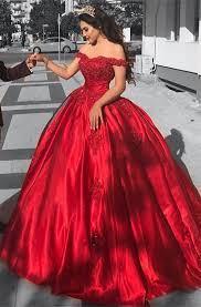 Ball Gown Off The Shoulder Sweep Train Red Prom Dress With Appliques Red Satin Prom Dress Red Quinceanera Dresses Princess Prom Dresses
