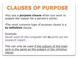 An adjective clause (also called relative clause) is a dependent clause that modifies a noun or pronoun. Ppt Clauses Of Purpose Powerpoint Presentation Free Download Id 5485046