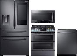 Enjoy an efficient, modern kitchen with new kitchen suites. Samsung Sareradwmw12288 4 Piece Kitchen Appliances Package With French Door Refrigerator Gas Range Dishwasher And Over The Range Microwave In Black Stainless Steel