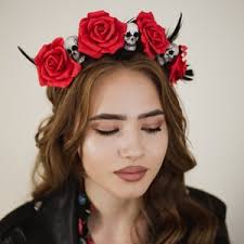 Large Red Rose Flower Sugar Skull Headband Big Hair Crown Day of the Dead  Sh-194 Halloween Headpiece Floral Garland