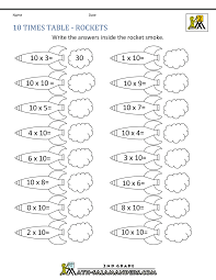 The multiplication tables with individual questions include a separate box for each number. 10 Times Table