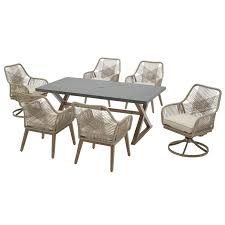 Hampton Bay Haymont 7 Piece Steel Wicker Outdoor Patio Dining Set With Beige Cushions Frs80961 St The Home Depot In 2020 White Patio Furniture Patio Dining Set Outdoor Dining Table Setting