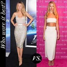 Before slipping into thigh high boots on set of photo shoot. Blake Lively Versus Rosie Huntington Whiteley Who Wore The Skinny Skirt Best Fashion Magazine