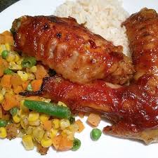 Oven Baked Bbq Turkey Wings Butter Rice And Mixed Vegetables Dinner Time Baked Chicken Recipes Bbq Turkey Easy Chicken Recipes